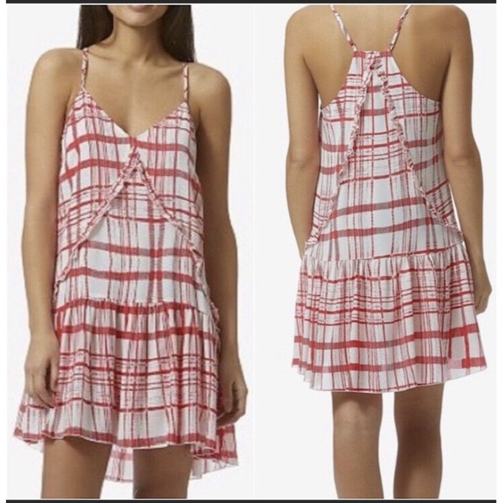Avec Les Filles Plaid Windowpane Grid Check Mini Dress White Red  S